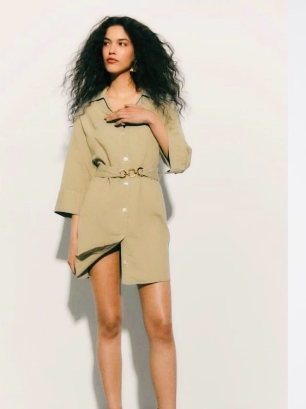 Zara Women Cream Collared Shirt Dress with Waist Tie Size XS